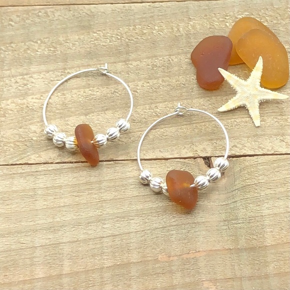 Artisan Jewelry - Summer Sea Glass Beach Hoop Bohemian Earrings| Genuine Seaglass Jewelry Gift